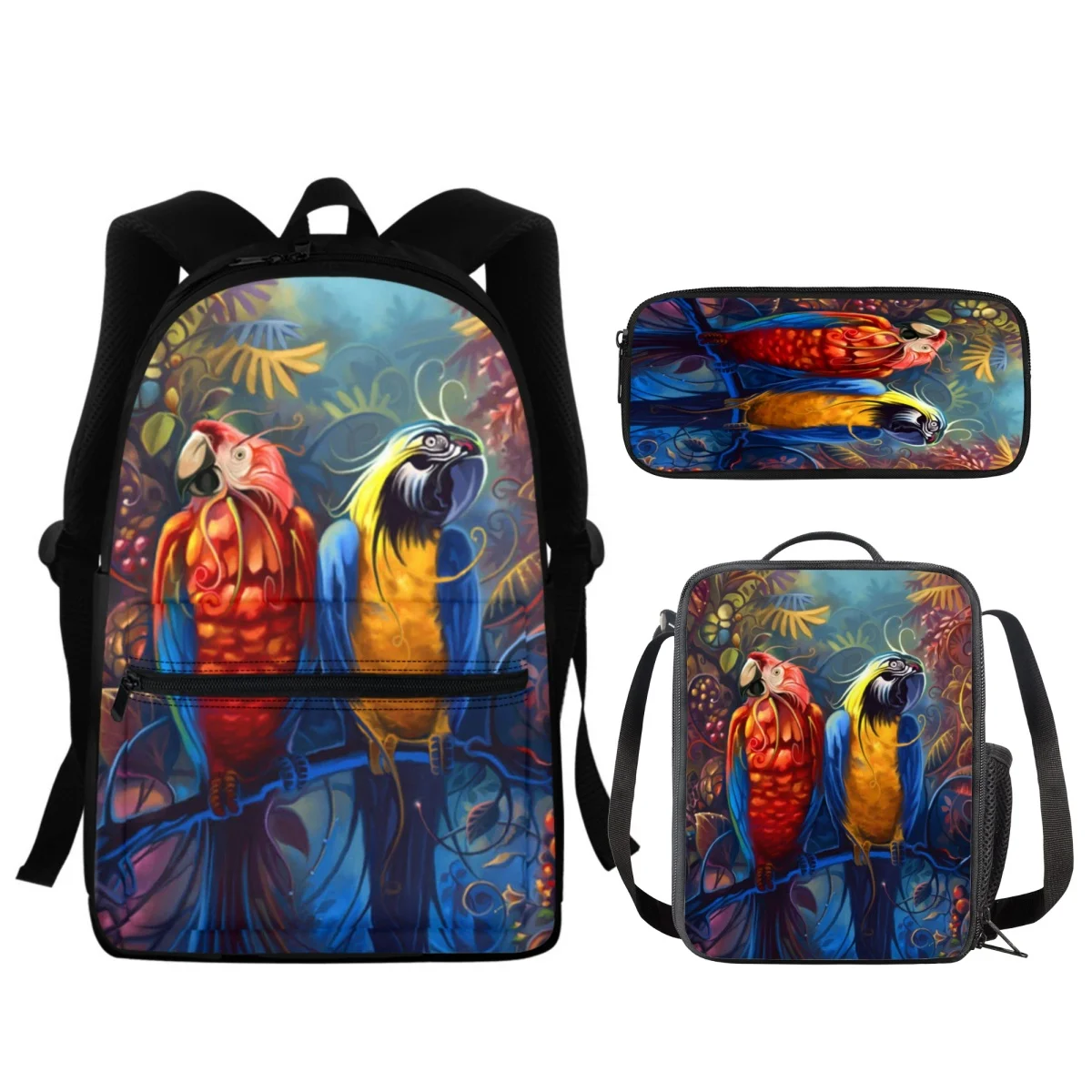 

FORUDESIGNS Beautiful Parrot Design Backpacks Students Back Pack 3Pcs/Set Shoulder Meal Bag Pencilcase Set Waterproof School