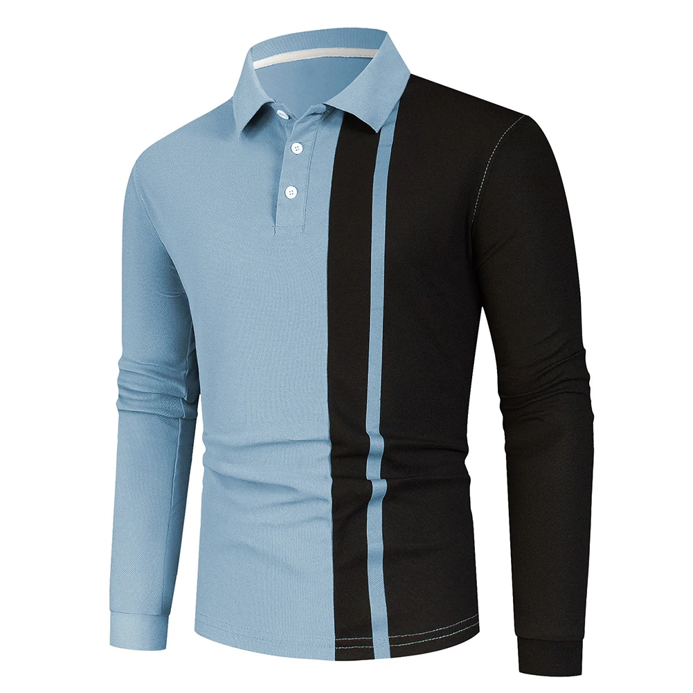 

Comfy Fashion Holiday Home T Shirt Colorblock Lapel Top Long Sleeve Male Slight Stretch Tee Brand New Button Casual