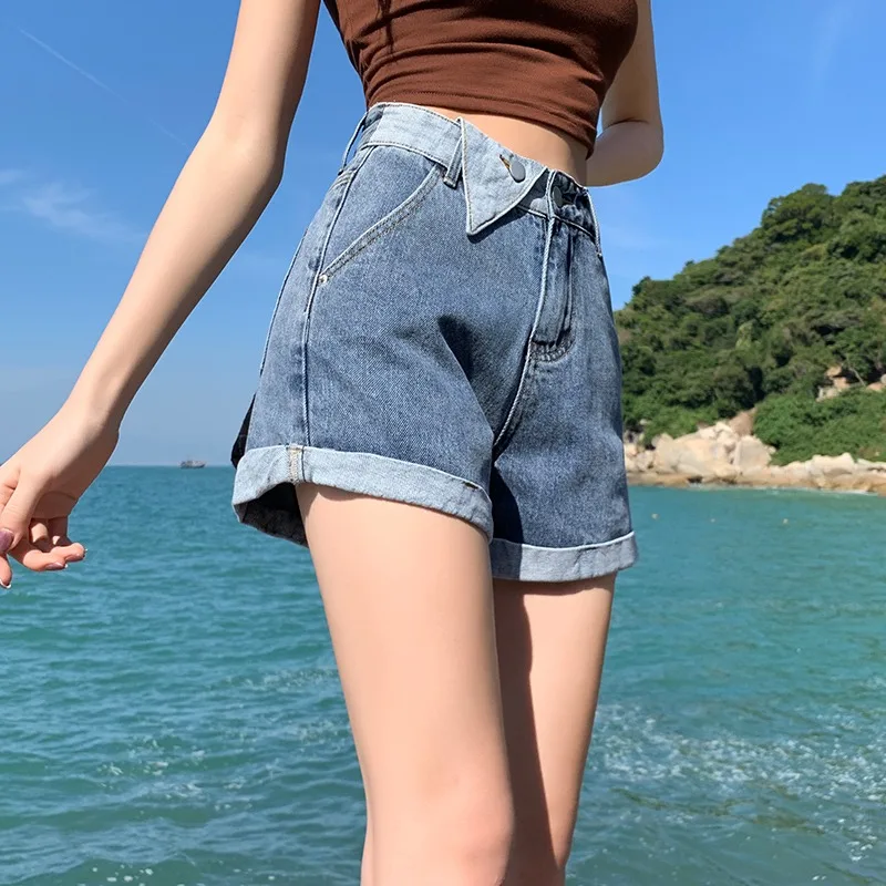 

High Waist Denim Shorts Woman for 2022 Summer Loose A-Line Wide Leg Pantsalone Patchwork Designer Shorts Female Bottom KG47