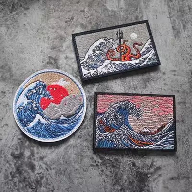 Вышитая повязка на руку Sunrise Kanagawa для серфинга, большая волна, осьминог, сирена, нашивки для одежды со стандартным орнаментом и петлей