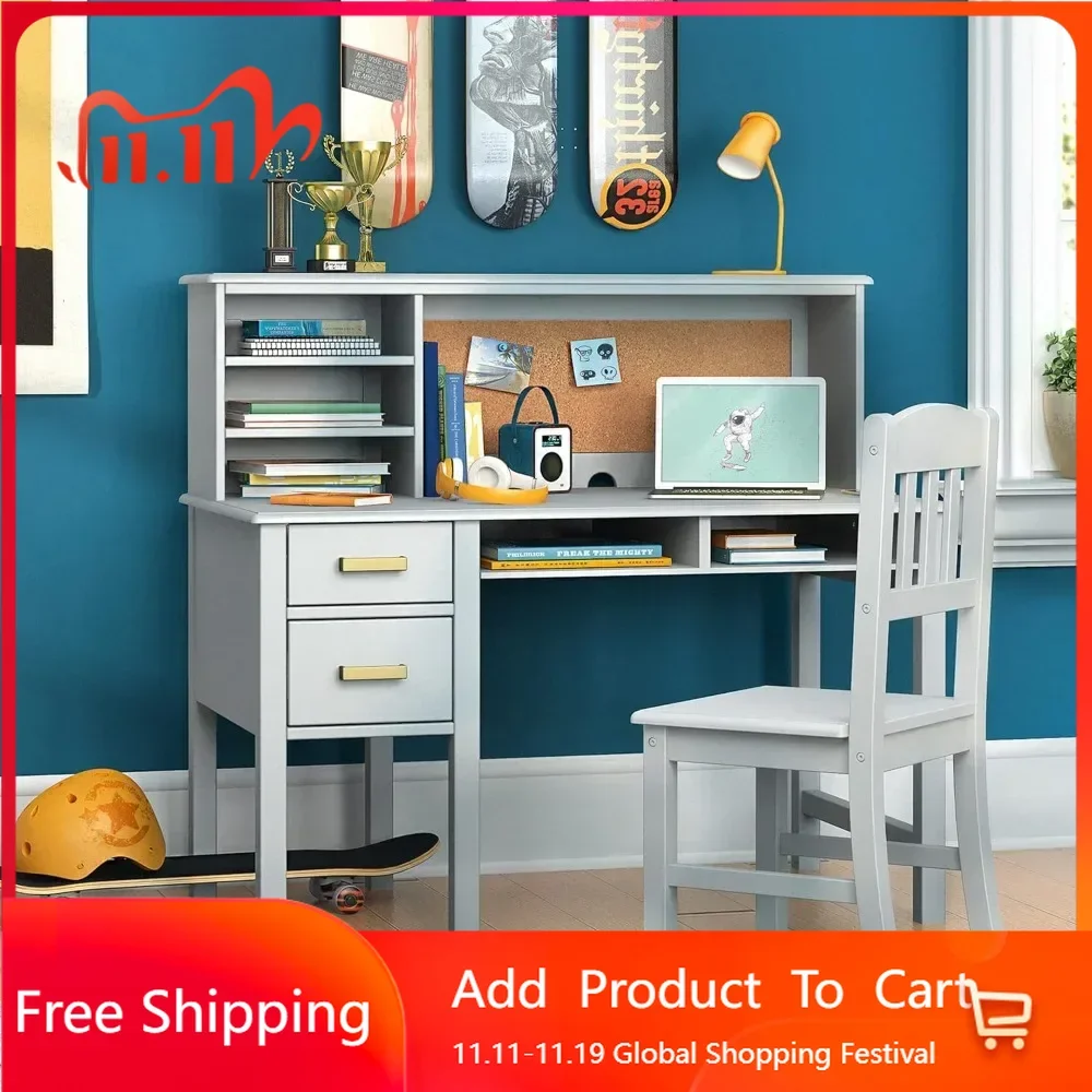 Taiga Desk, Hutch and Chair-Gray: Kids Wooden Computer Study Desk Set with Storage Shelves, Corkboard, and Drawers Children's