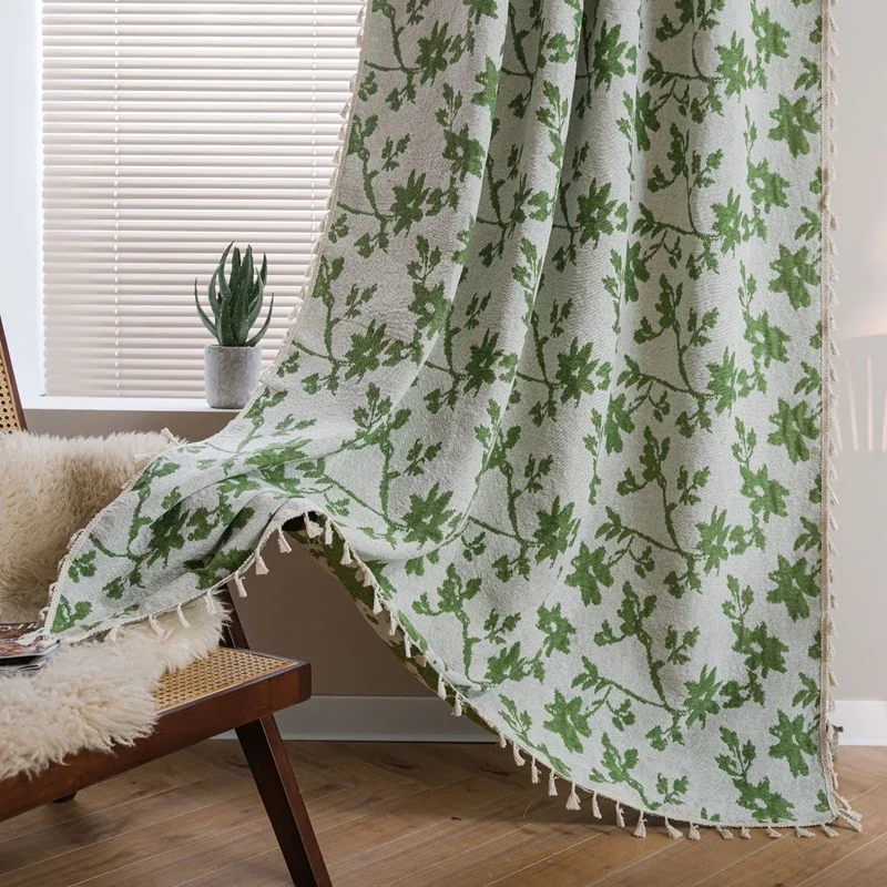 

Cotton Linen Curtain Finished Rose Jacquard Tassels Living Room Curtain Semi-blackout Bedroom Valance Decor Curtains