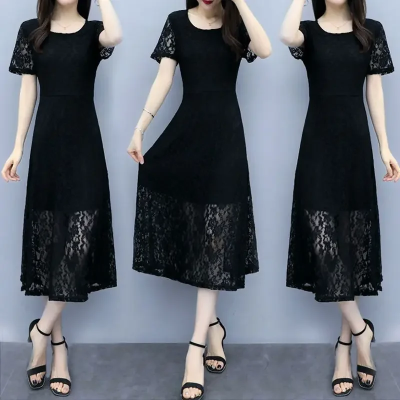 

Fashion Lace Patchwork Midi Dress Short Sleeve Women's Clothing Basic Solid Color Commute Elegant A-Line Waist Dresses L77