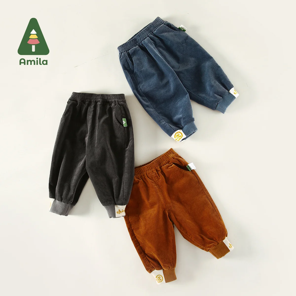 Amila Baby Pants 2023 Spring Autumn New Embroidery Corduroy Three Colors Loose Trousers Girls and Boys Children\'s Clothes Casual