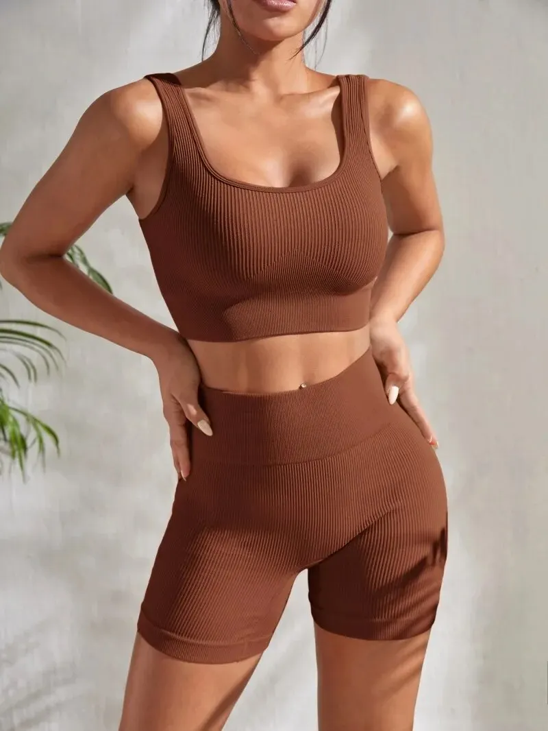 Women's Seamless Ribbed Yoga & Workout Set - 2-Piece Crop Tank and High Waist Shorts