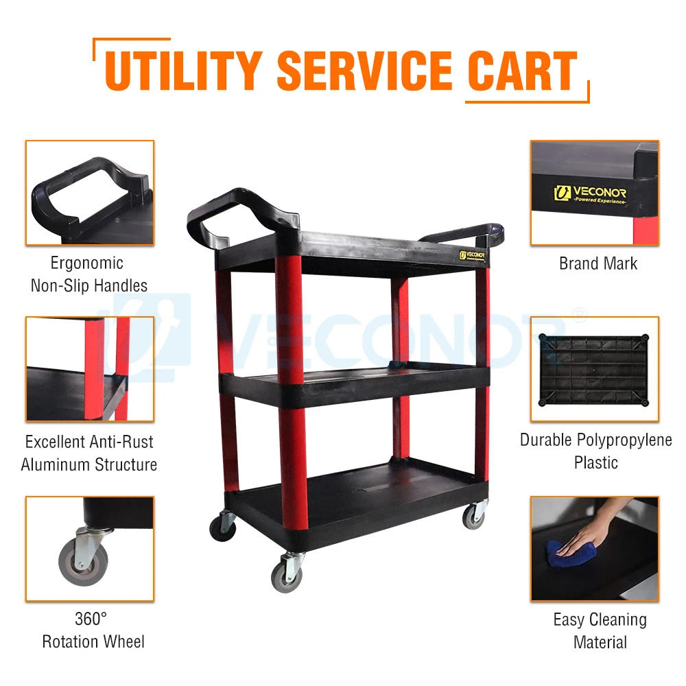 3 Shelf Utility Cart Heavy Duty Cart with 150kg/330 lbs Loading Capacity Great for Warehouse Garage Cleaning Office Plastic