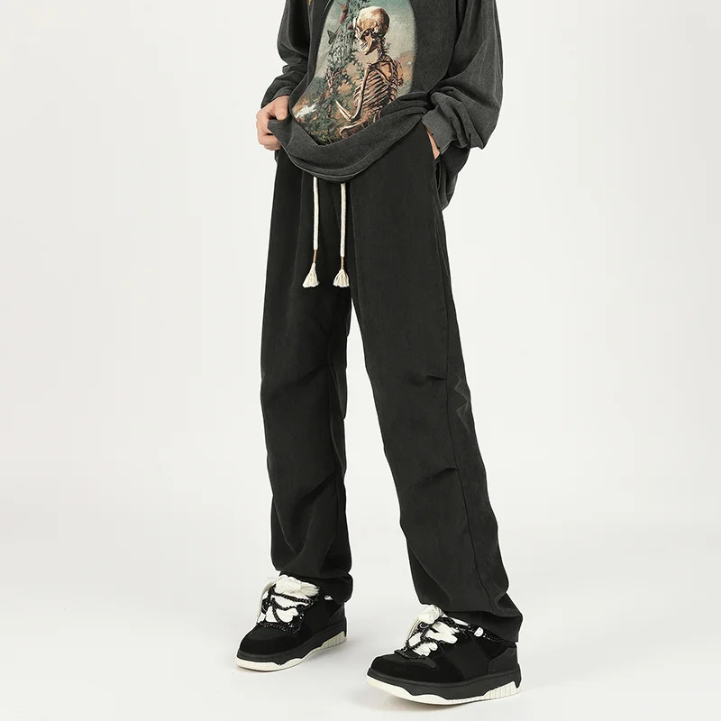 

Autumn Suede Pants Men Fashion Solid Color Retro Casual Pants Men Streetwear Hip-hop Loose Straight Pants Mens Trousers M-3XL
