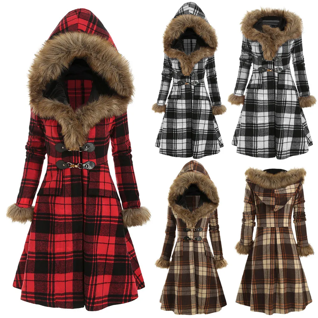

Plush Plaid Warm Coat Casual Ladies Hooded Fur Collar Buttons Tunic Jacket Hood Coats Female Winter Long Sleeve Womens Outerwear