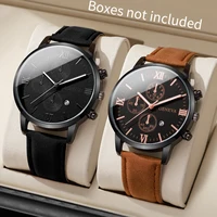 1/2PCs Men's Casual Calendar Watch Fashionable Men's Temperament Leather  Quartz Watch Unisex Watch Set(Box Not Included) 1
