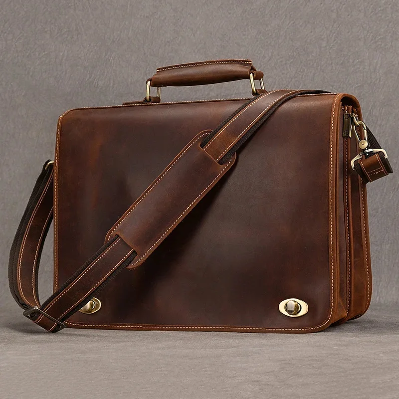 

Top Grade Thick Genuine Leather Men Briefcase 15" Laptop Cow Business Bag Tote Man With Shoulder Strap