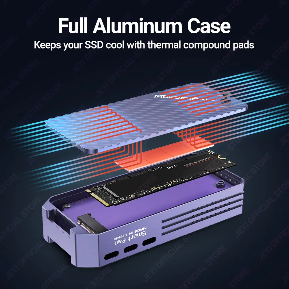 JEYI 40Gbps M.2 NVMe Enclosure with PWM Fan, Aluminum Type C USB 4.0 2280 SSD Case Compatible with Thunderbolt 4/3 USB 3.2/3.1/3