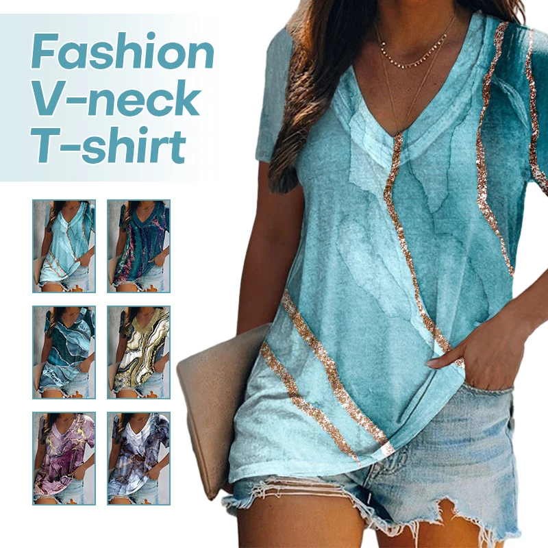 

Women Summer Fashion Art Marble Print Short Sleeves Tops Lady Goth Y2K Tops T-shirt V-Neck Tee Shirts Daily Blouse