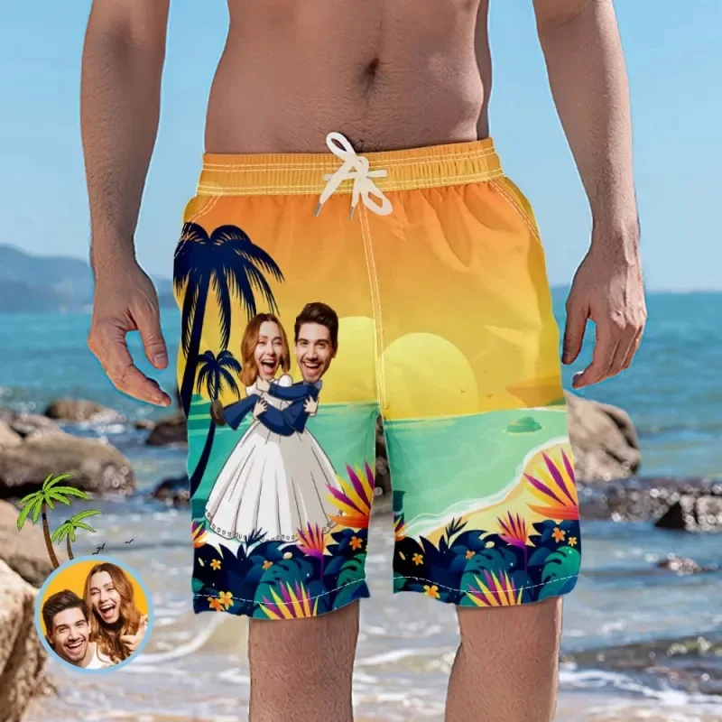 Custom Couple Face Beach Shorts Romantic Wedding Short Pants Funny Pineapple Shorts Comfortable Swim Trunks Best Wedding Gift 4