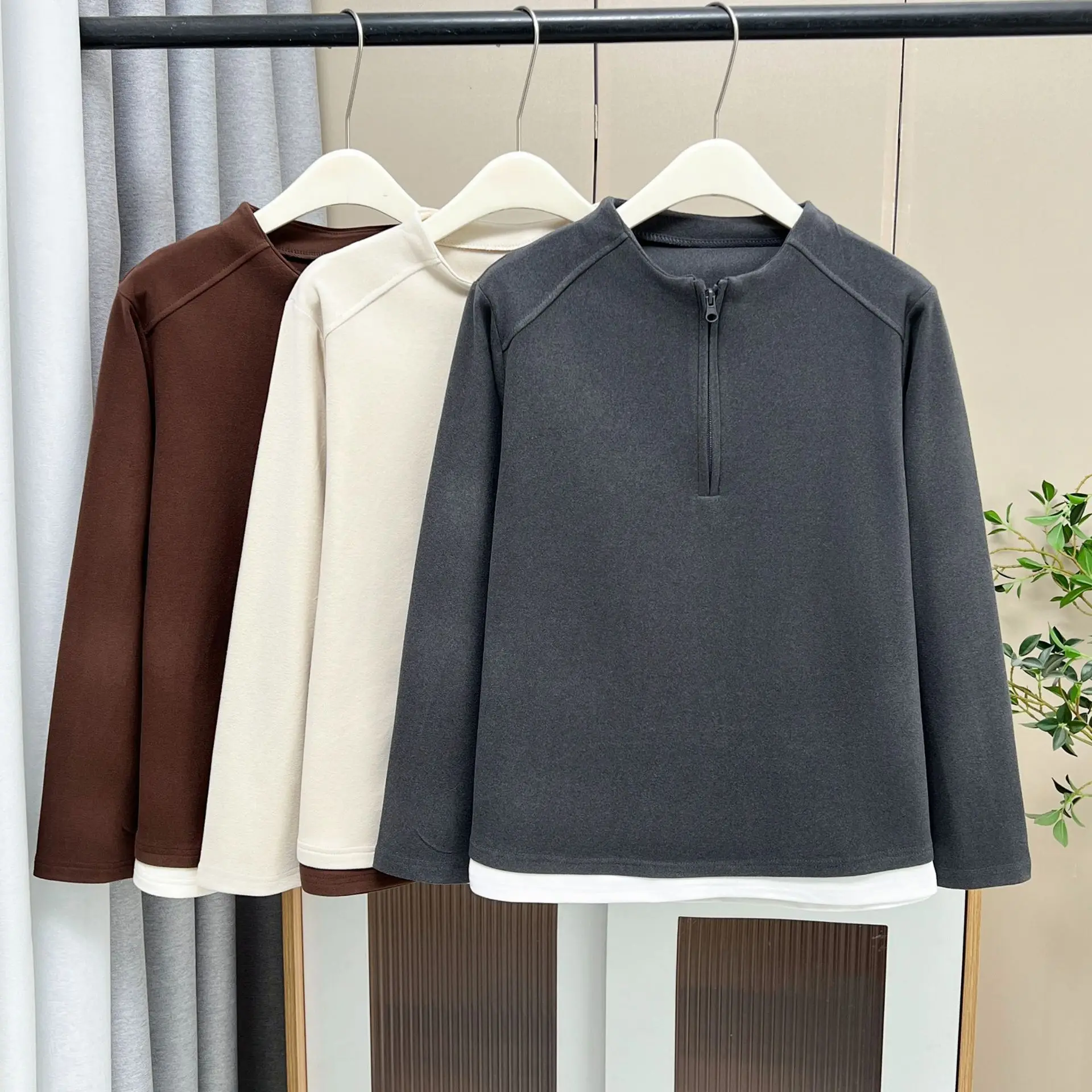 XXXXL Fashion Plus Size Women's T-Shirt New Winter Simple color-blocked Zipper Stand Collar double-sided Fleece Warm Tops 8813