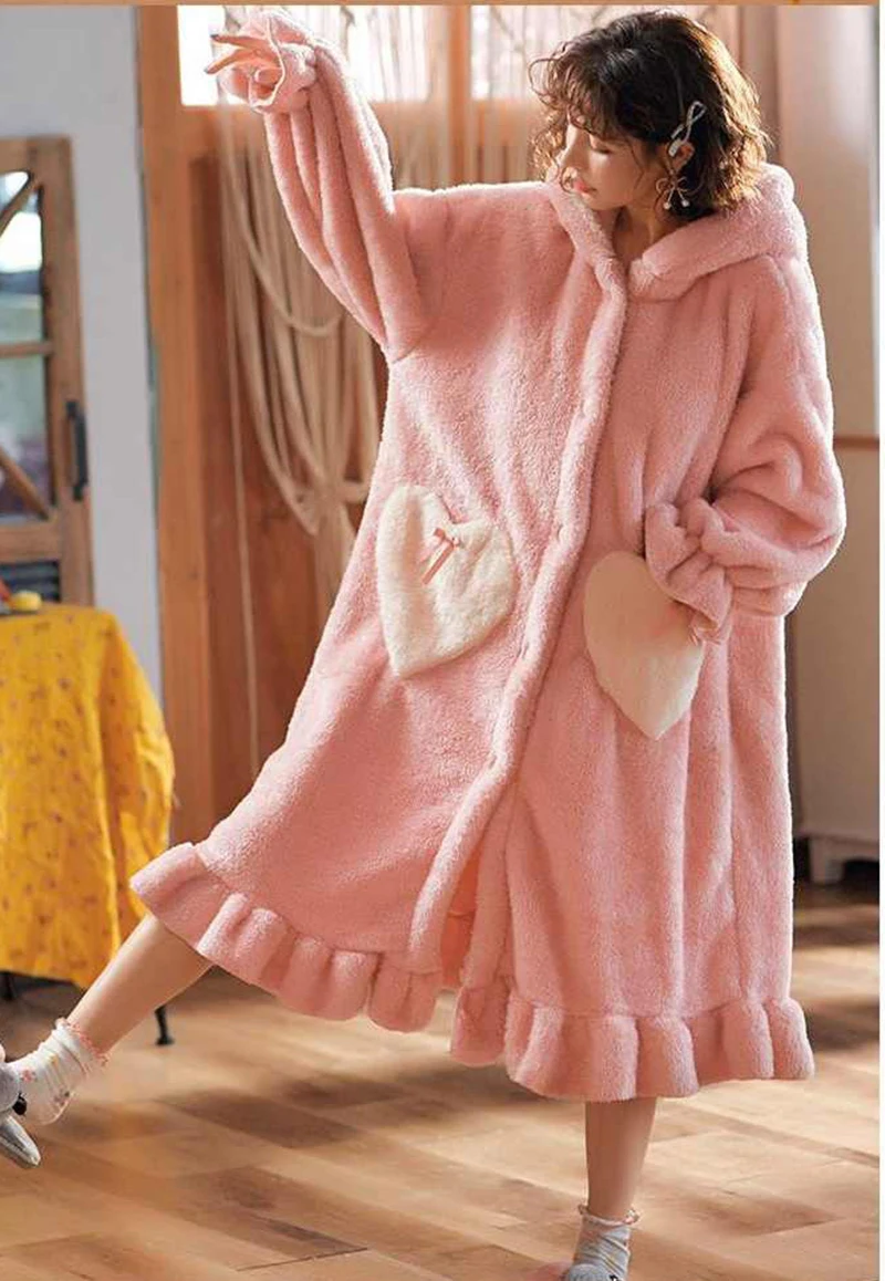 Sweet Cartoon Sleepwear Long Ears Rabbit Flannel Nightgowns Women Plush Robe Kawaii Hooded Nightdress Coral Fleece Pajamas Set