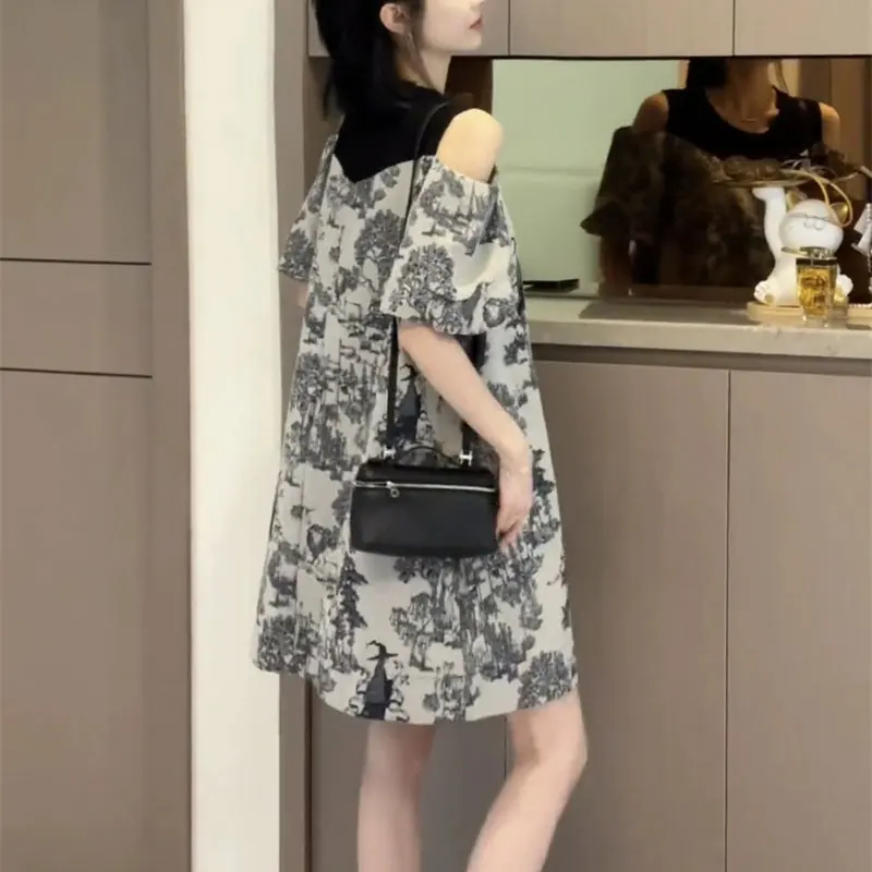 Elegant Vintage Off-Shoulder Spliced A-Line Midi Dress