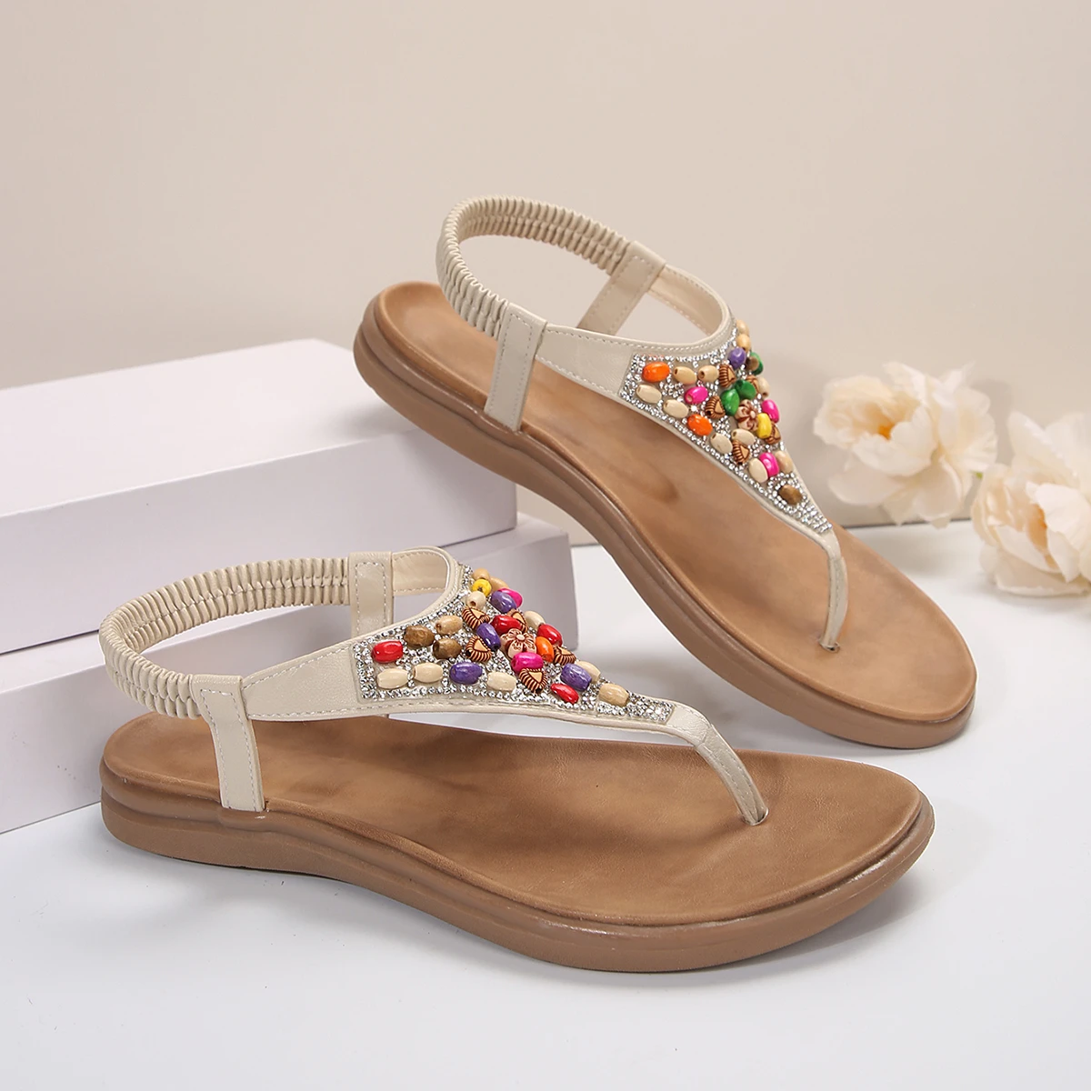 Aphixta 2024 Elastic Band Summer Flat Heel Sandals Colorful Beads Gladiator Women Sandal Soft Sole Flip Flops Shoes For Women