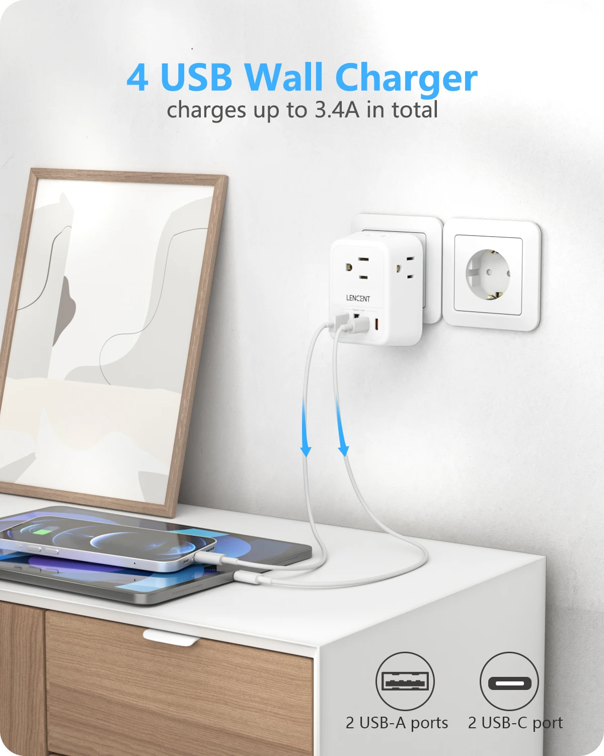 LENCENT US to EU Travel Adapter International Type-C Foldable Power Plug with 4 Outlets+2USB-A+2USB-C 5V/3A European Travel