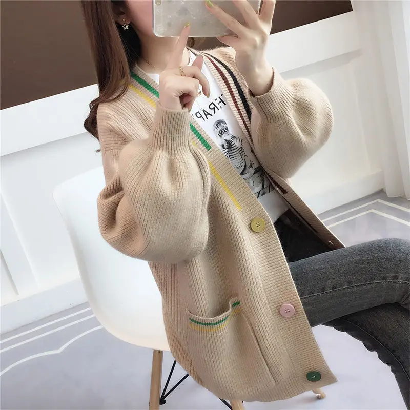 

Cardigan Sweater Women's Spring and Autumn 2023 New Coat Korean Version Lantern Sleeves Loose Outside with V-neck Knitted Top