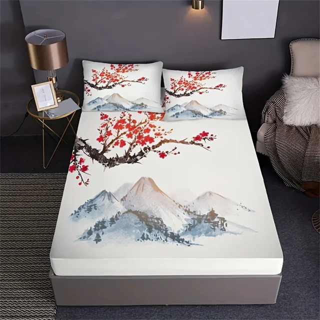 Set di lenzuola con angoli in stile cinese pittura a inchiostro Plum Mountains stampa coprimaterasso Set di biancheria da letto morbida e traspirante con tasca profonda 3