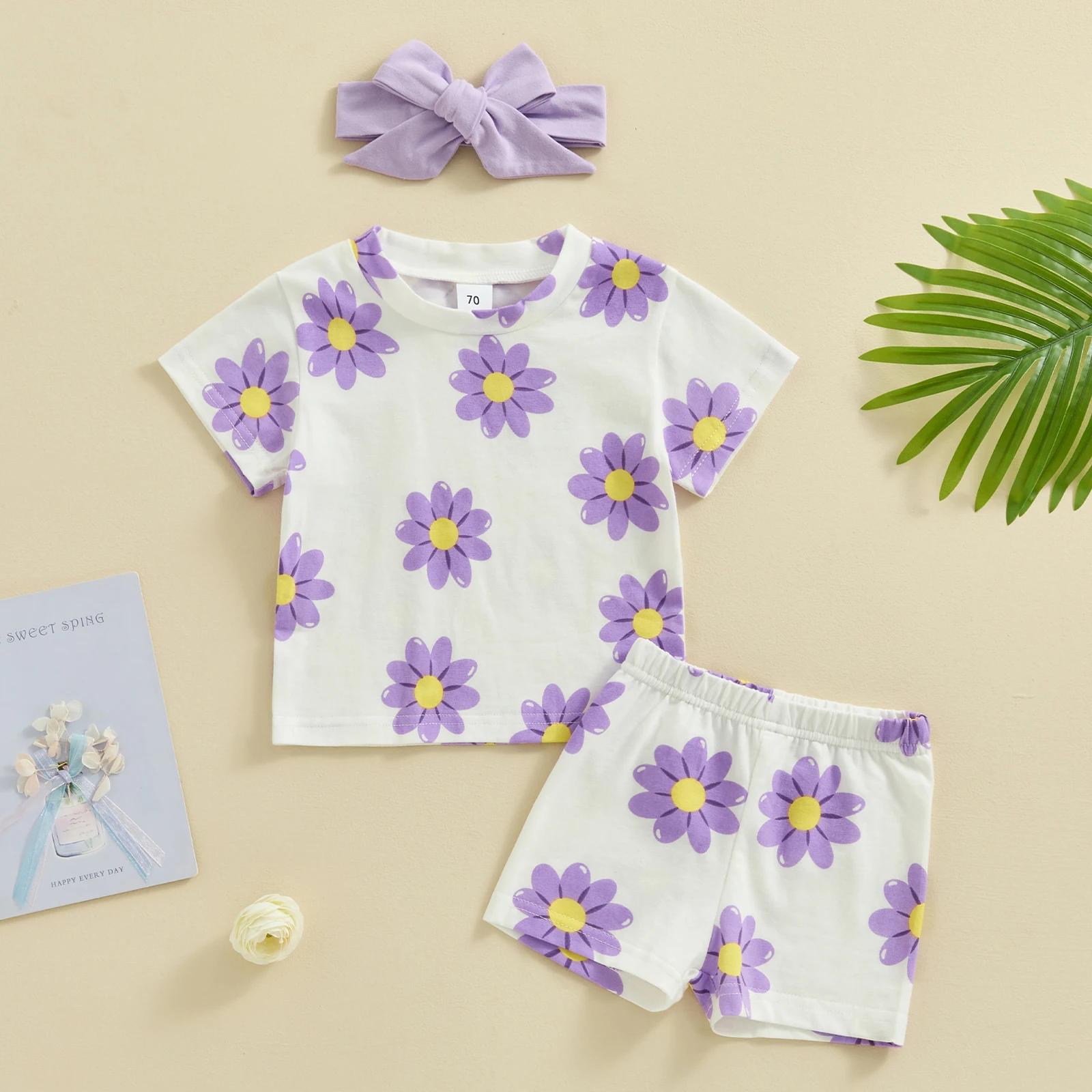 FOCUSNORM 0-3Y Lovely Baby Girls Summer Clothes Sets 3pcs Flowers Print Short Sleeve T Shirts Tops Shorts Hairband