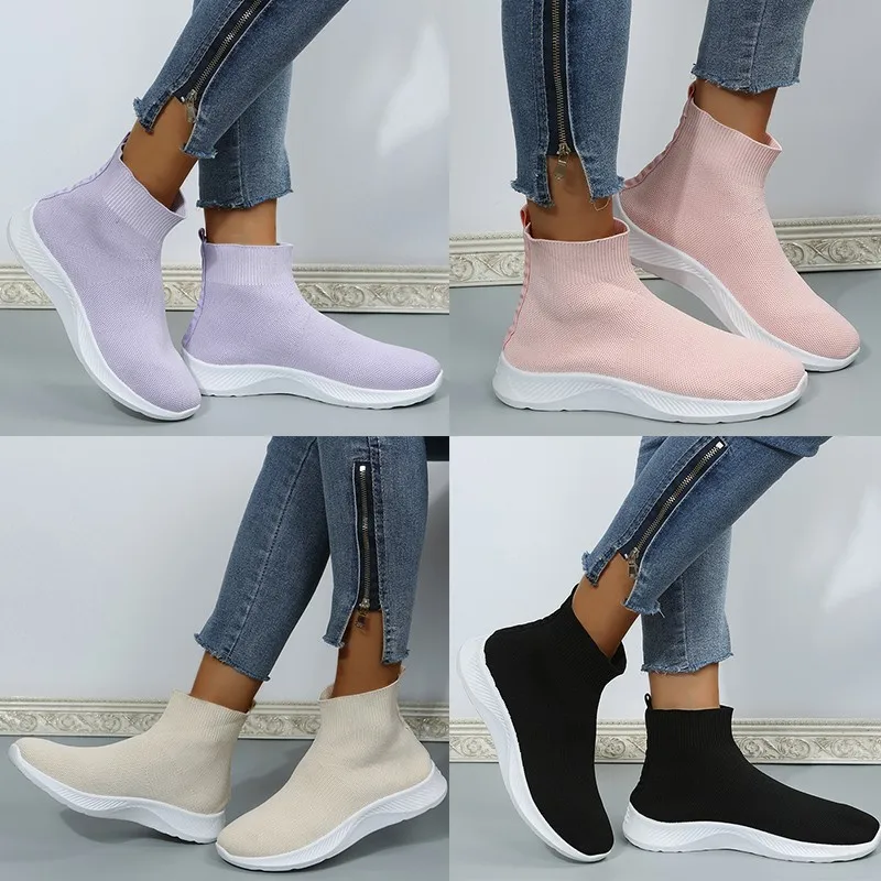 Women Sneakers Knit Slip on Casual Shoes Breathable Comfy Vulcanized Shoes Platform Loafers Flats Sports Shoe Large Size 36~43