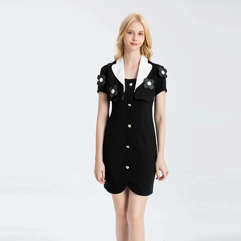 

MIUXIMAO 2022 High Quality Spring&Summer Elegant Dress Short Sleeve Notched Single Breasted Fashion Mini Dress Women Vestides