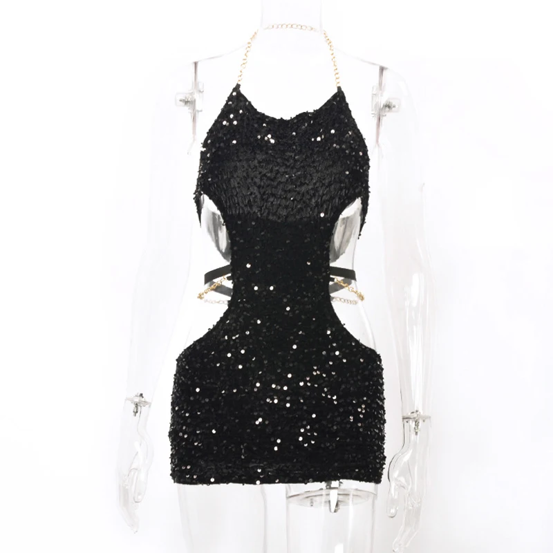 Summer Dress Women Sexy Shine Sequin Sleeveless Waist Cutout Metal Chain Halter Neck Dress 2000s Club Party Dresses