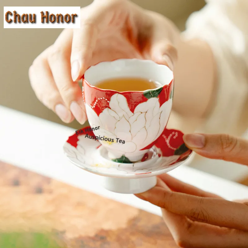 75ml Hand-painted Butterfly Peony Red Teacup Elegant Tea Bowl Cup Holder Kits Tea Tea-tasting Smelling Cup Jianzhan Master Cups