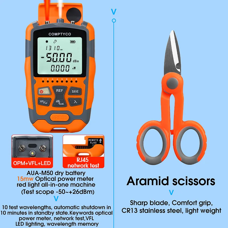 FTTH Fiber Optic Tool Kit AUA-7S Fiber Cleaver AUA-M50/70 4 in 1 Mini Optical Power Meter with 15mw Visual Fault Locator