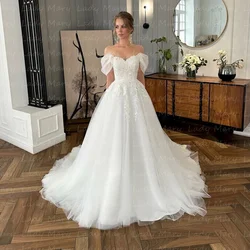2024 Elegant Lace Wedding Dresses A Line Off The Shoulder Lacing Up Back Sweep Train Formal Bridal Gowns Garden Church Vestidos