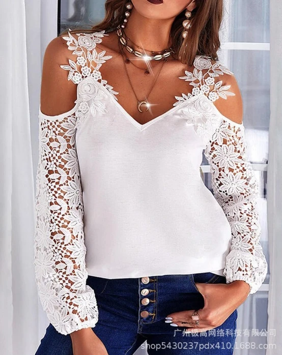 Women's T-Shirt 2024 Spring Summer Lace Stitching V Neck Casual Cold Shoulder Long Sleeve Loose T-Shirt Sexy Blouse Women blouses mooooody cow hollow out cold shoulder blouse in white size l m s xl