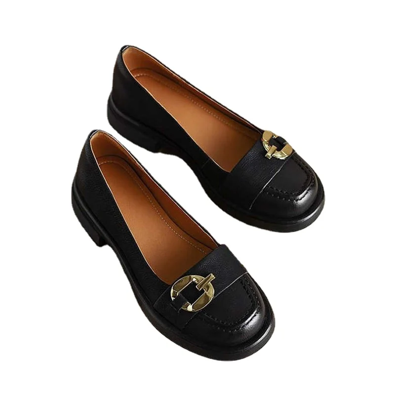 Spring Summer Retro Classic Working Casual Women Pumps Low Heels High Quality Genuine Leather New Chain Shoes Woman 2022 NEW