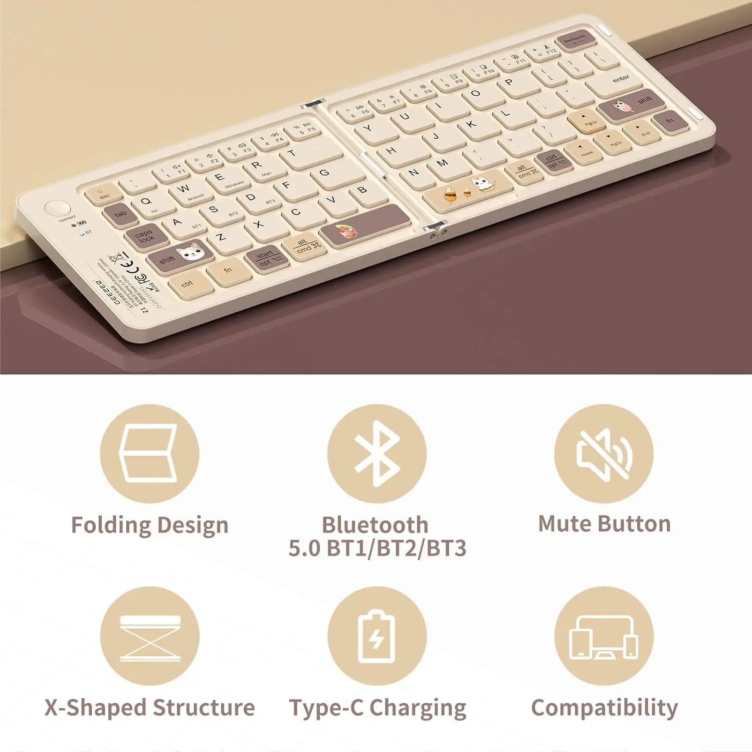 접이식 디자인의 충전식 블루투스 무선 미니 키보드, Win/Mac OS용 휴대용 67키 귀여운 포켓 사이즈 여행용 키패드