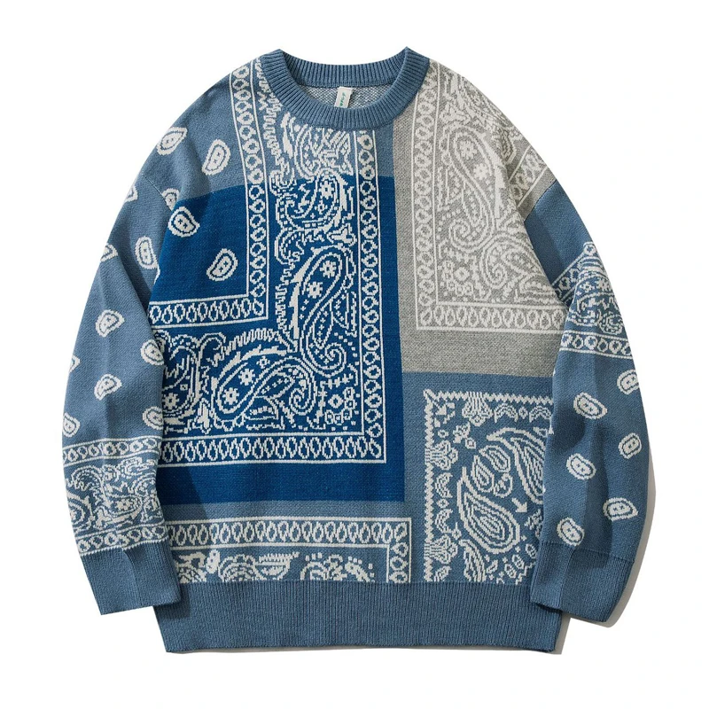 

Men's Cashew Flower Colorblock Sweater Fall Winter Harajuku Retro Loose Knitted Jumper Couple Hip Hop Casual Pullover Streetwear