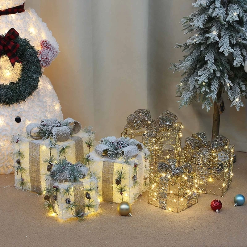 

Multifunction Christmas Glowing Led Gift Box Ornament 3pcs/set Scene Decor for Festival Holiday Party