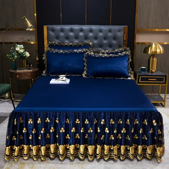 Lace Fitted Bed Sheet Luxury Bedding Set Romantic Ice Mat Folding Embroidered Sheets Linen Bedding Queen Bedspread with Skirt