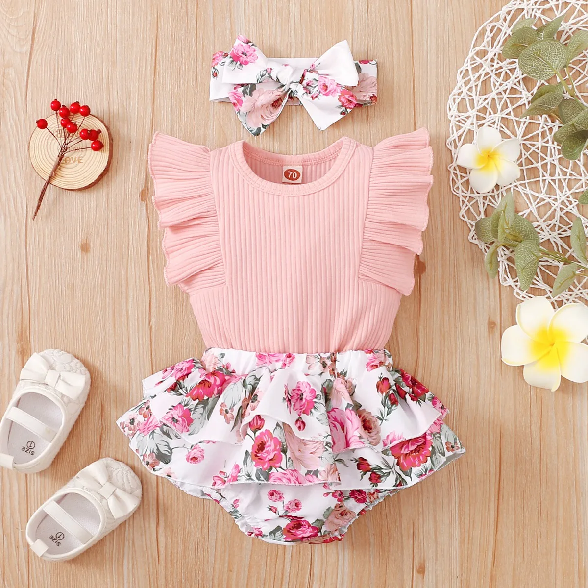 Baby Clothing Set discount hibobi Baby Girl Clothes Set Flower Print Girls Ruffle-sleeve Romper Summer Bodysuit Floral Pattern Shorts Headband Set 3Pcs small baby clothing set	