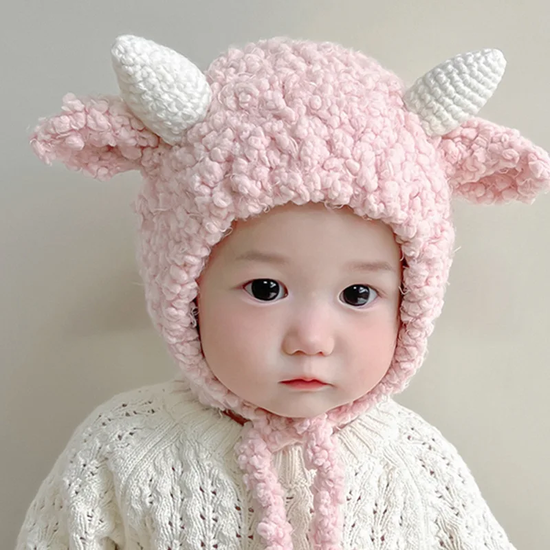 Infant Toddler Baby Girls Hats Fleece Sheep  Animal Winter Fleece Pom Pom Animal Character Cartoon Caps Boy Wind Proof Hemlet 2