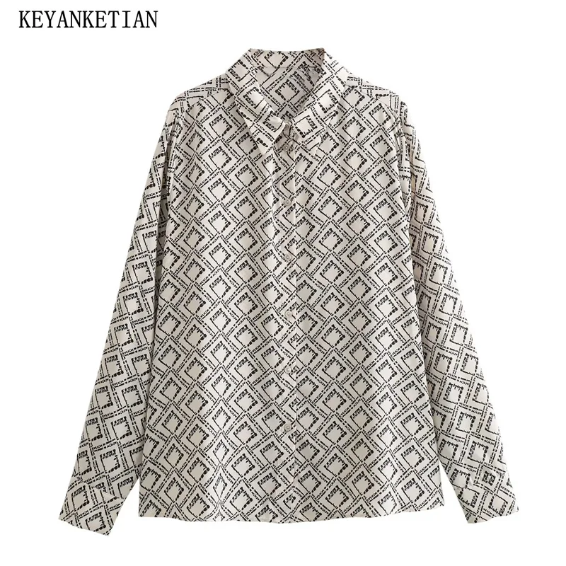 

KEYANKETIAN New Launch Retro Contrast Color Argyle Print Women's Basic Shirt Spring clothing Button-up Loose Blouse Crop Top