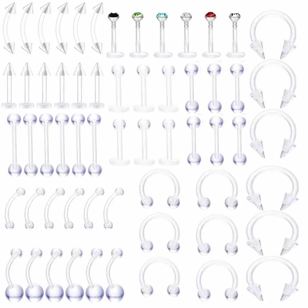 Clear Piercing Lip Ear Nose Tongue Ring 10/60Pcs/Set Ashion Transparent Acrylic Tongue Ring Barbell Eyebrow Belly Body Jewelry piercing jewelry body piercing jewelry body jewelry