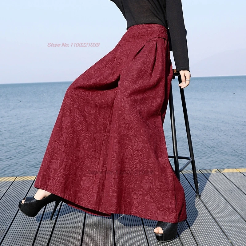 chinese vintage loose pants national jacquard ethnic cotton linen trousers oriental elastic waist wide leg pantalones pants cotton monk pants men hanfu pants