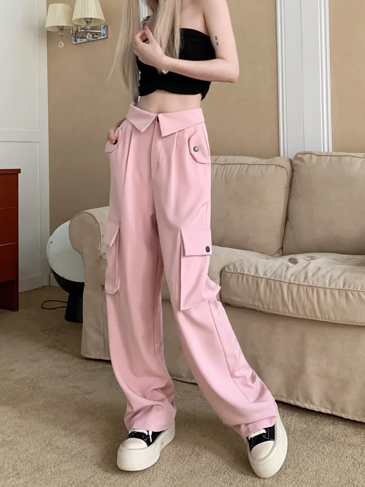 Fashion Casual Cargo Pants Y2K American Style High Waist Slim Summer Women's Wide Leg Pants Chic Buttons Sweet Female Pants