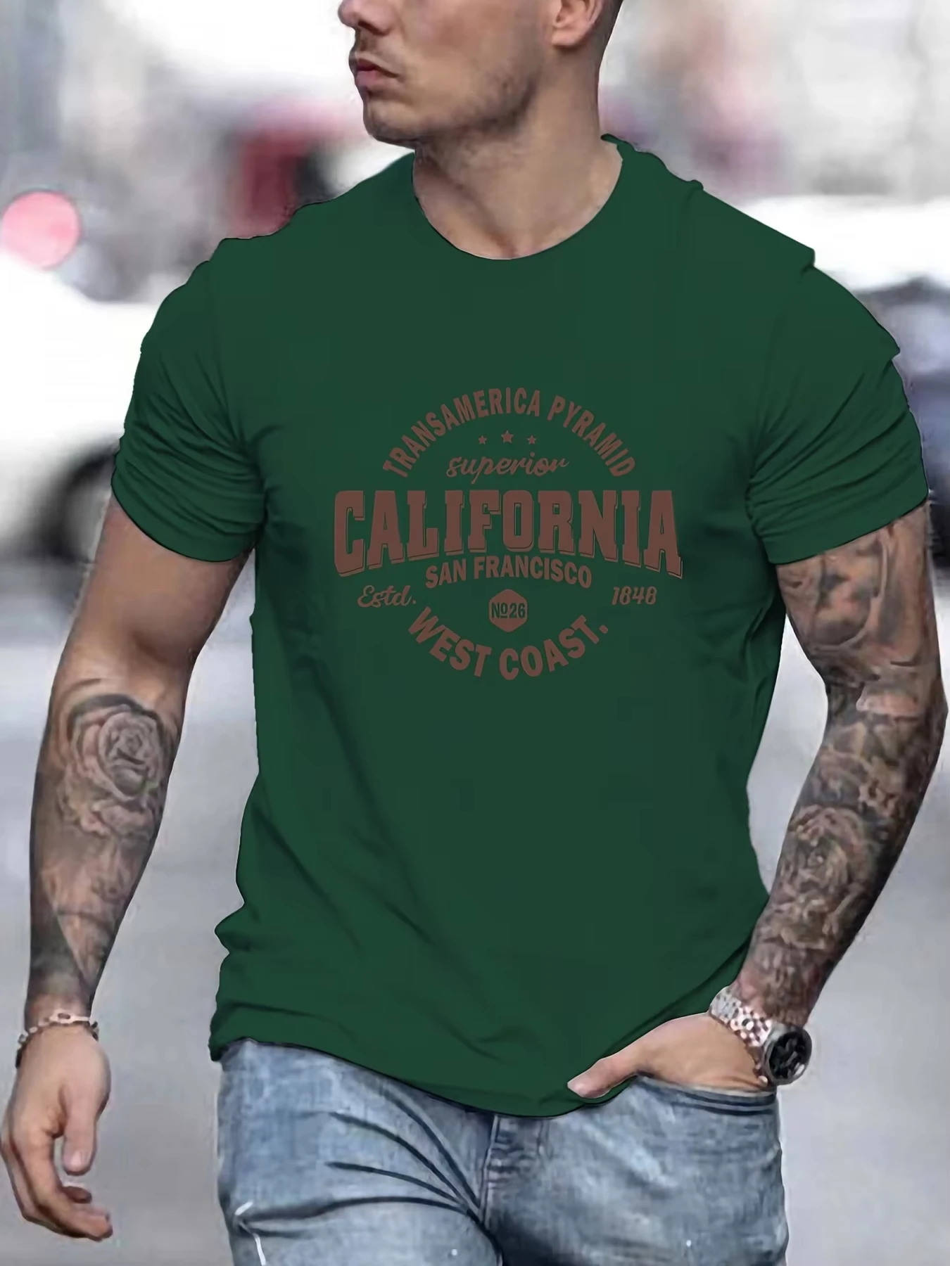 Men's Cotton Casual Sports Loose Fit California West Coast Print Round Neck Short Sleeved T-shirt Top Summer Men Clothes