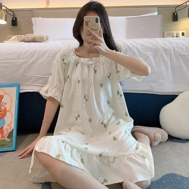 Female Sweet Square Neck Bow Tie Nightdress Summer Thin Soft Cloud Cotton Peignoir Half Sleeve Dress Home Lounge Wear for Women