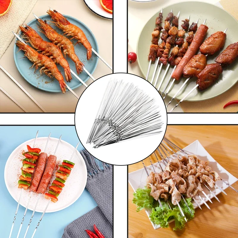 10/20Pcs Barbecue Skewer Stainless Steel Flat Skewers Reusable BBQ Skewers Kebab Iron Stick For Outdoor Camping Picnic BBQ Tools bbq skewers