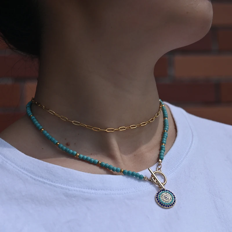 4mm Colorful Stone Choker Necklace for Women Round Evil Charm Pendant Necklace Fashion New Daily Jewelry 2