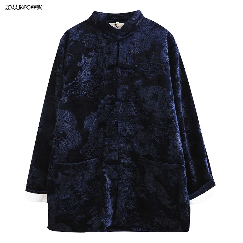

Chinese Style Dragon Pattern Jacquard Men Stand Collar Velvet Jacket 2022 Spring Autumn Frog Closures Single Breasted Loose Coat