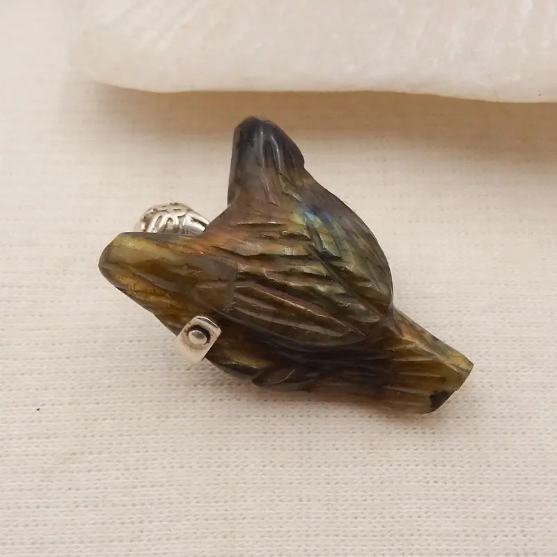 925 Silver Jewelry Natural Stone Labradorite Handcarved Wolf Head Pendant Bead 28x20x11mm 7g