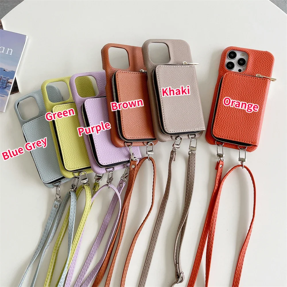 Leather Zipper Wallet Crossbody Phone Case with Card Slot and Shoulder Lanyard